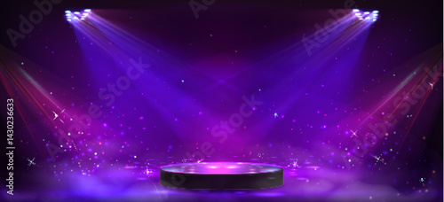 Purple stage with spotlights shining down on round award podium. Glittering star field bg for festive sparkling atmosphere. Vibrant lighting illuminates presentation area for ceremony or gala event.