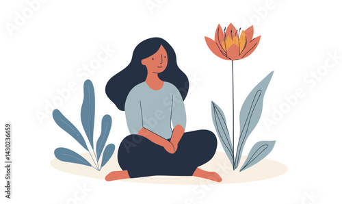 Mindful Woman Sitting with Floral Background Illustration for Self-Care and Wellness