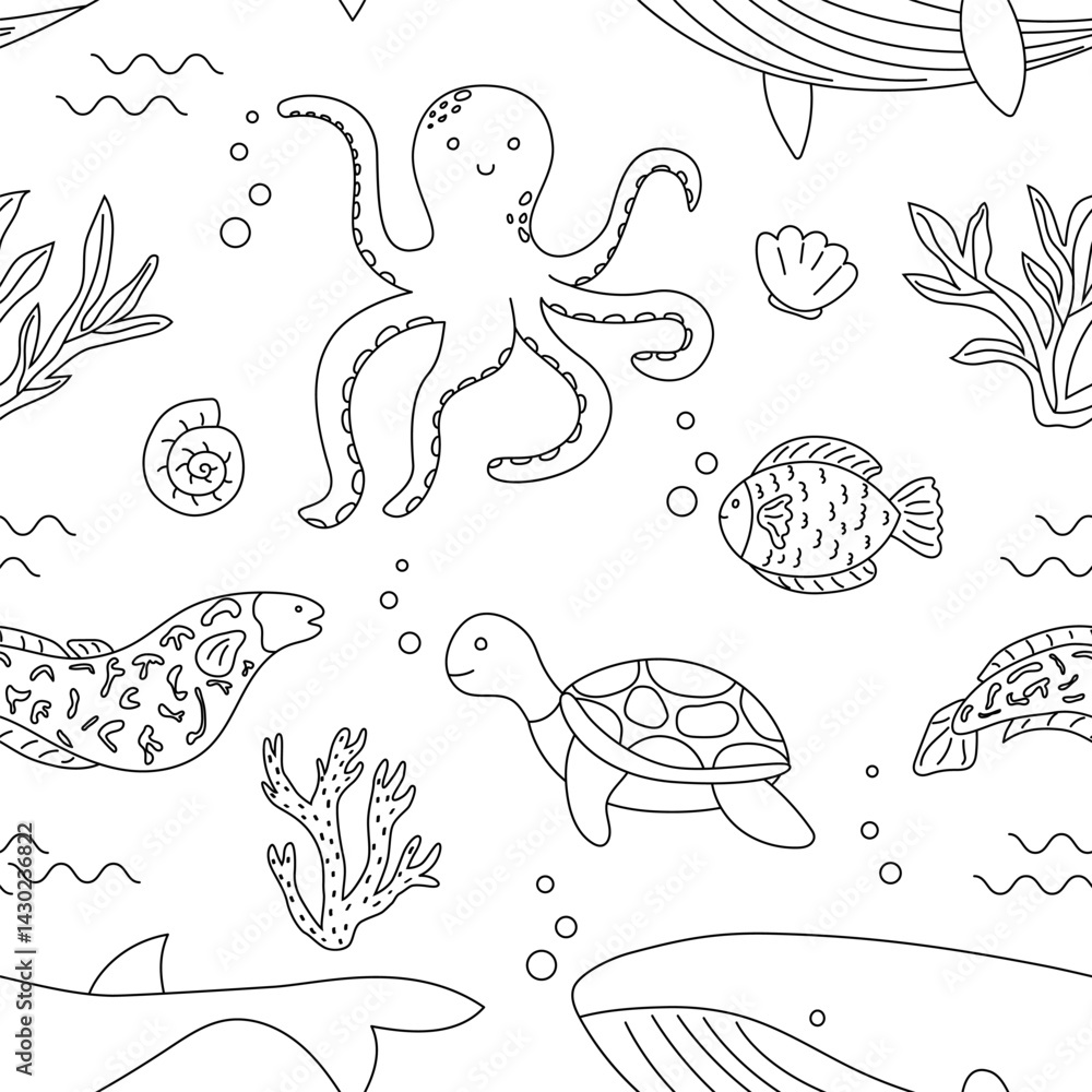 octopus and sea creatures line art pattern illustration octopus and sea creatures line art pattern illustration