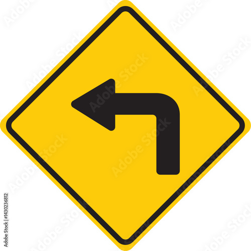 yellow diamond-shaped left turn warning road sign with black arrow indicating curve ahead for traffic safety