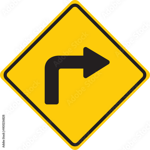 yellow diamond-shaped right turn warning road sign with black arrow for traffic direction and road safety