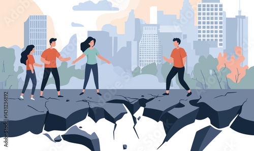 Earthquake Survivors Helping in Cracked Cityscape After Disaster Damage Concept Vector