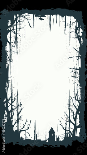 Spooky Halloween Frame with Haunted House and Bare Trees in Flat Minimalist Style