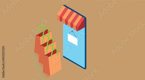 illustration of e commerce with shopping cart, bags, and delivery box