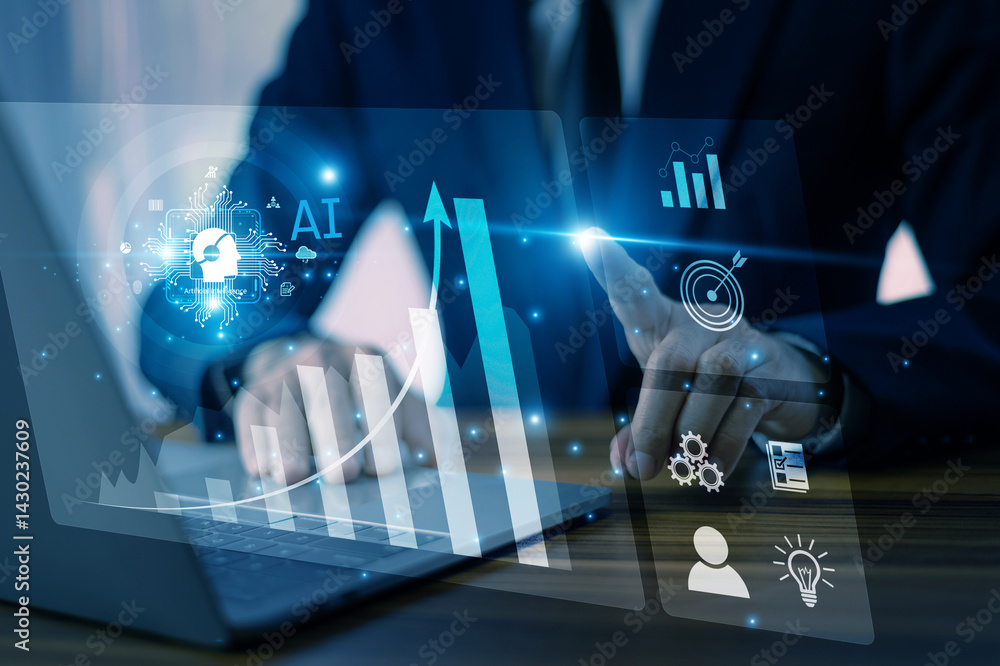 Male executive analyzing marketing performance with virtual dashboard using artificial intelligence and global digital data