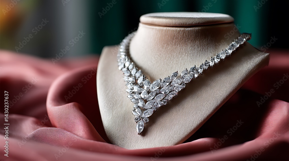 Fototapeta premium Elegant diamond necklace displayed on a soft fabric background highlighting luxury and sophistication