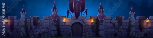Medieval castle wall at night, ancient fortress exterior. Stone towers with conical roofs, arched gate, burning torches under dark sky and moonlight. Fantasy kingdom setting for game level design.