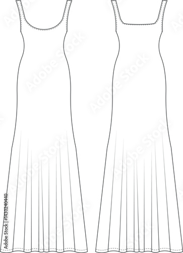 sleeveless strappy strapped u neck scoop neck flared a line fit long maxi dress template technical drawing flat sketch cad mockup fashion woman design style model 
