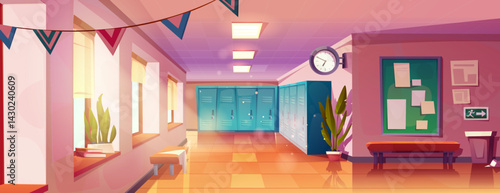 School corridor interior illustration - lockers lining hallway walls decorated with pennants. Potted plants beside bench near exit sign pointing way out, bulletin board and posters, mounted clock.
