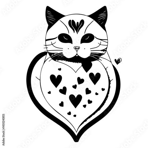 Monochromatic feline portrait within a heart, radiating affection and endearment
