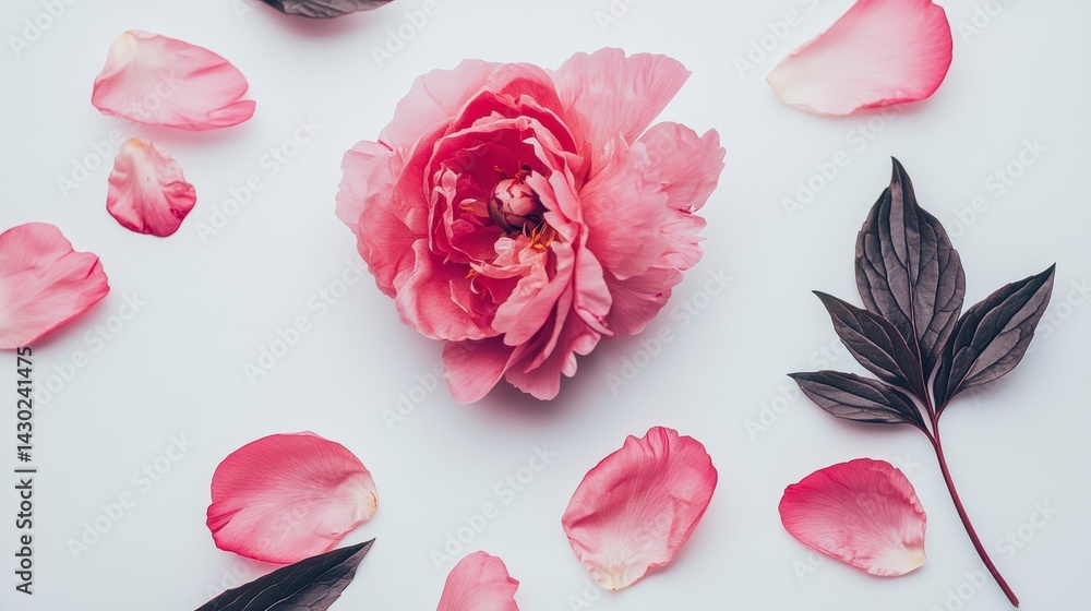 Fototapeta premium Pink peony flower and petals with dark leaves arranged on white background.