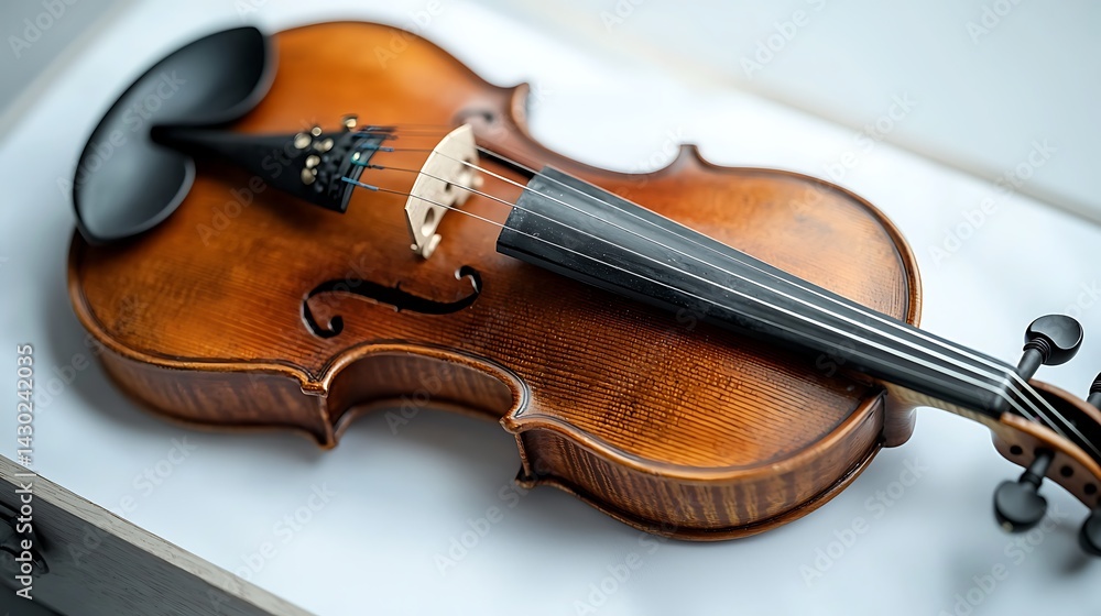Fototapeta premium Classic wooden violin with detailed construction, close-up, resting on a white surface