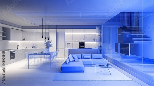 stylized modern flat with blue airflow paths .