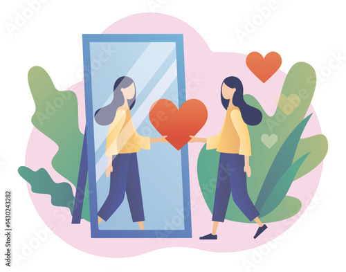 Mirror reflection of selflove woman passing a heart to her inner self