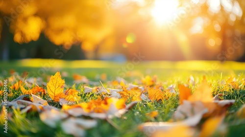 A sunlit scene of autumn leaves scattered on grass, capturing the essence of the season.