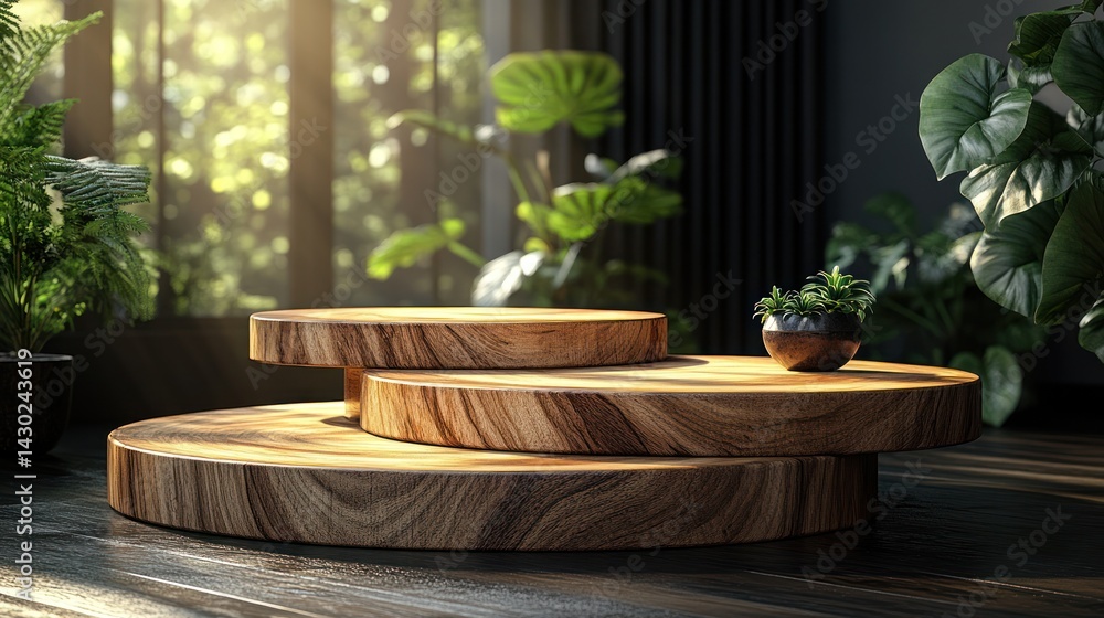 Fototapeta premium Wooden display podium with plants