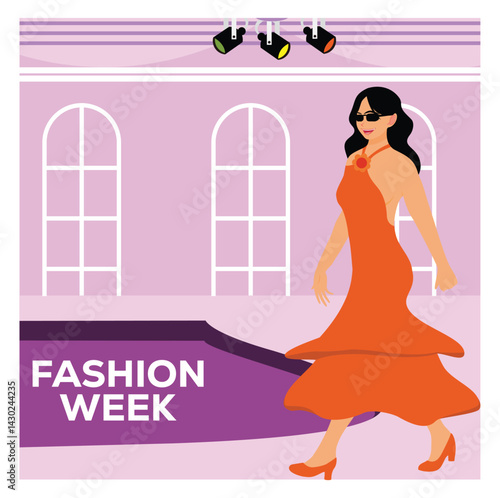 Fashion week event with beautiful women models walking on podium.