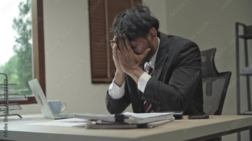 Burnout concept. Asian Business man touching forehead having headache boring job and tired emotional pain and professional person depressed over risk Burnout concept. Asian Business man touching forehead having headache boring job and tired emotional pain and professional person depressed over risk