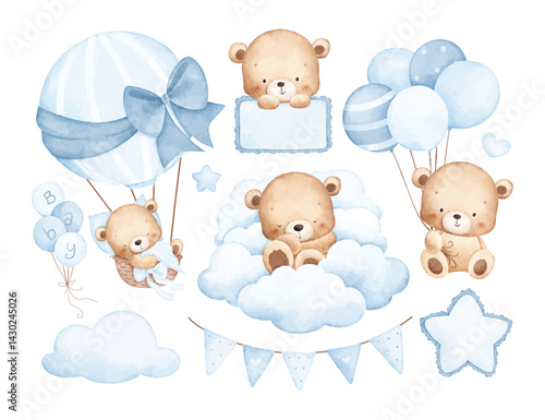 Watercolor Illustration Set of Baby Teddy Bear and Balloons with Nursery Elements