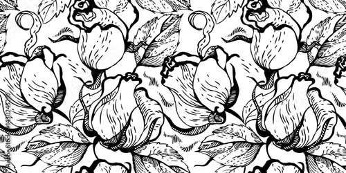 Seamless vintage floral pattern with hand-drawn roses. Elegant botanical engraving perfect for textiles, wallpaper, wrapping paper, and decorative design. Vector illustration. Not AI generation