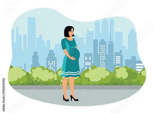 A pregnant woman walks in the city park.