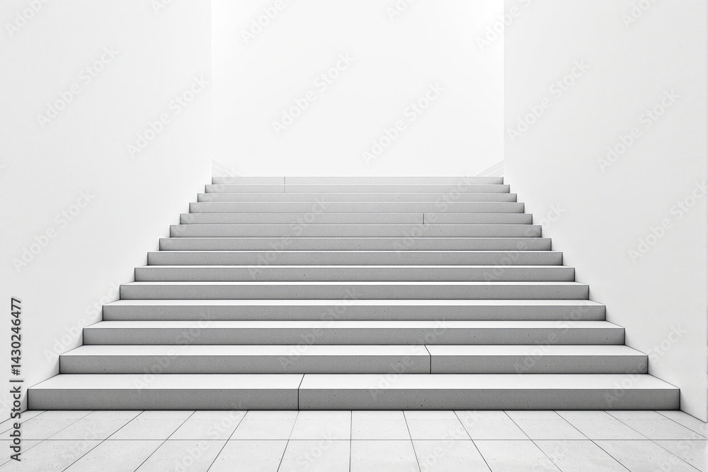 Wide clean staircase inside a white modern minimalist interior, smooth textures, bright light background, concept of ascension or clarity. Ai generative Wide clean staircase inside a white modern minimalist interior, smooth textures, bright light background, concept of ascension or clarity. Ai generative
