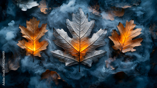 Autumn leaves float amid smoky mist Warm hues blend with cool blues for a mesmerizing autumn display