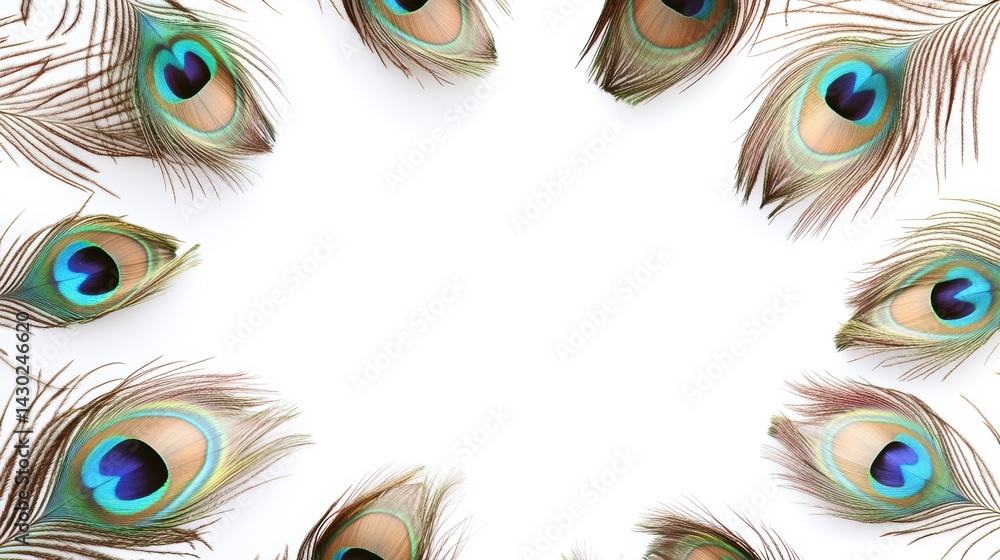Obraz premium Colorful peacock feathers arranged in a circular frame on a white background, leaving a blank space in the center.