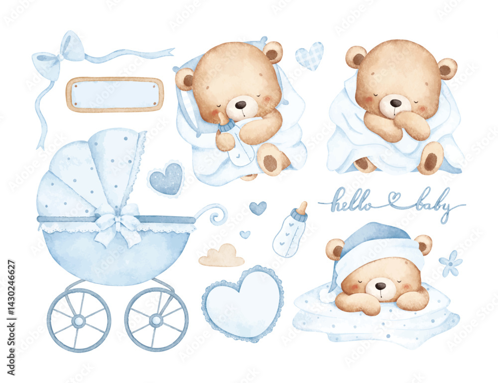 Fototapeta premium Watercolor Illustration Set of Sleepy Baby Teddy Bear and Nursery Elements