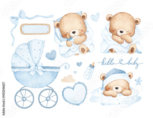 Watercolor Illustration Set of Sleepy Baby Teddy Bear and Nursery Elements