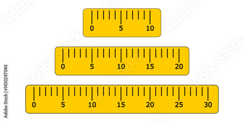 10, 20, 30 centimeters ruler measurement tool with numbers scale. realistic school measuring rulers in flat style