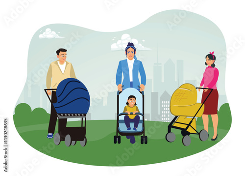 Young parents walking with baby in stroller in city park.