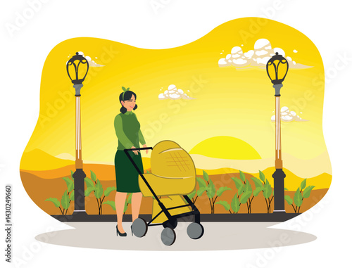 A young mother takes her baby for a walk in a stroller.