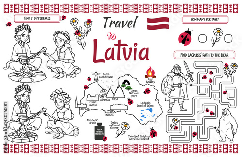 A fun placemat for kids. Printable “Travel to Latvia” activity sheet with a labyrinth and find the differences. 17x11 inch printable vector file