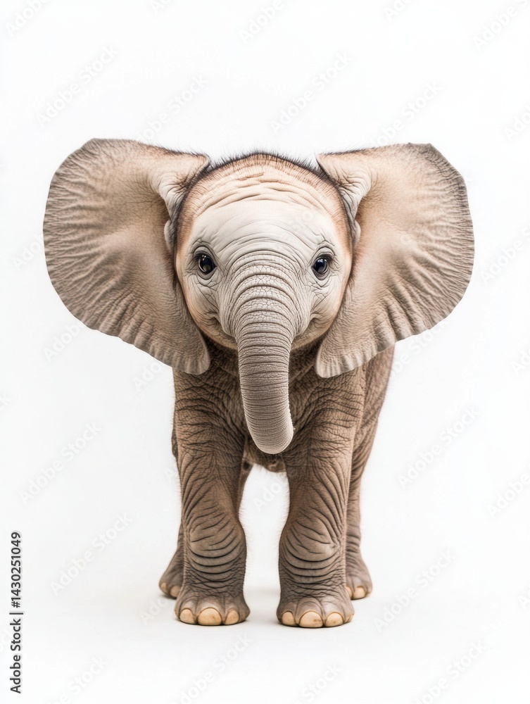 Fototapeta premium Cute Baby Elephant With Raised Trunk Creates a Friendly Atmosphere in Soft Light on a White Background, Showcasing Its Playful Spirit and Charm Generative AI