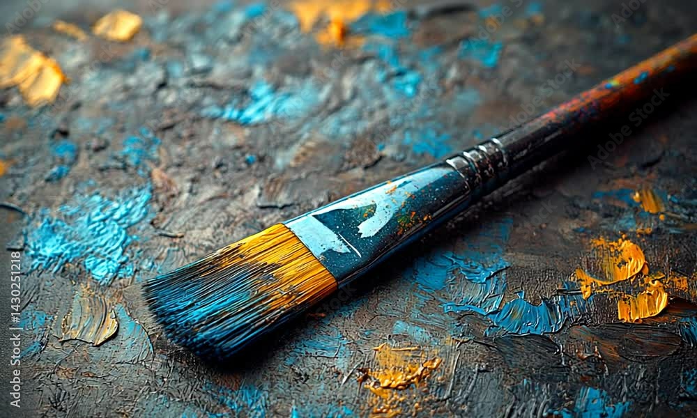 Close-up of a paintbrush resting on a textured canvas with vibrant colors, showcasing artistic creativity Close-up of a paintbrush resting on a textured canvas with vibrant colors, showcasing artistic creativity