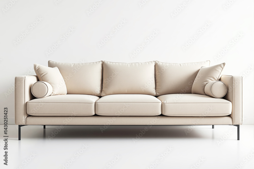 Modern beige sofa with round and square cushions placed against a light background, minimalist style interior, concept of comfort and elegance. Ai generative Modern beige sofa with round and square cushions placed against a light background, minimalist style interior, concept of comfort and elegance. Ai generative