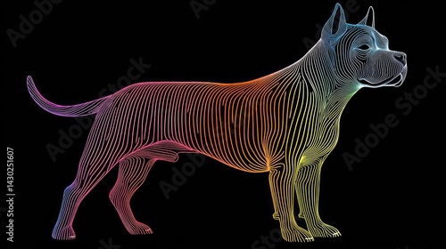 A vibrant, stylized illustration of a dog outlined with colorful, flowing lines against a dark background.