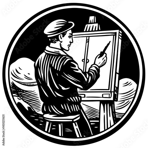 Painter creating art at easel in circular frame  