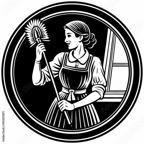 Housekeeper smiling while dusting near a window in a circular frame  