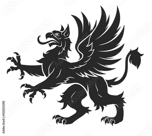 Black and white heraldic rampant griffin on white background. Can be use for coat of arms design.
