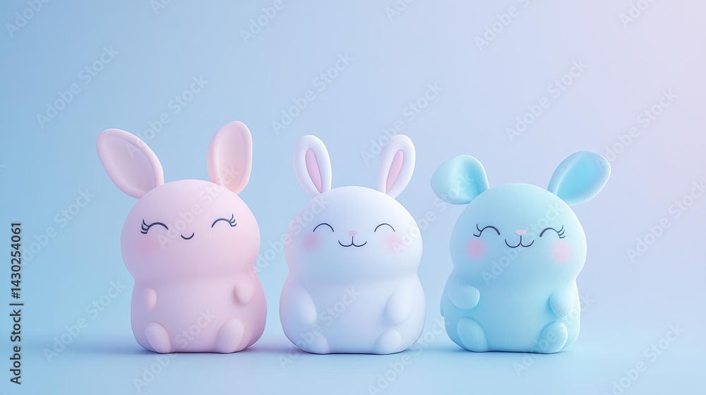 Obraz premium Cute pastel bunny figures in pink, white, and blue with cheerful expressions.