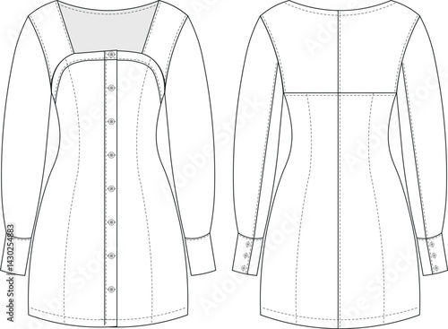 balloon sleeve long sleeve square neck buttoned princess darted short mini bodycon dress template technical drawing flat sketch cad mockup fashion woman design style model 
