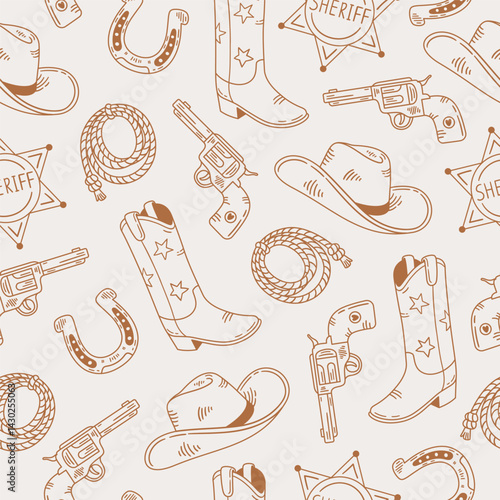 Seamless pattern with cowboy boots, sheriff badge, revolver and lasso on light background. Wild West style. Hand drawn vector illustration for wrapping paper, textile, fabric.