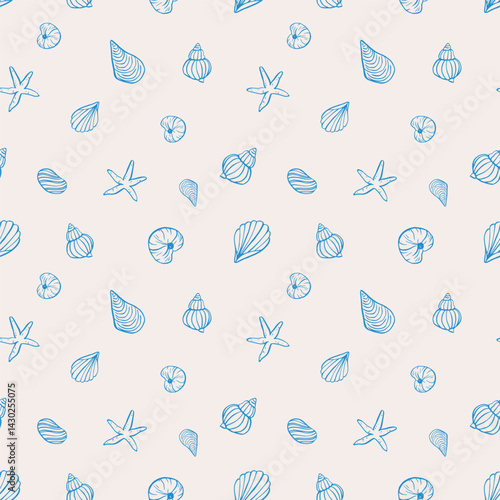 Seashell doodle hand drawn seamless pattern. Ocean life vector illustrations