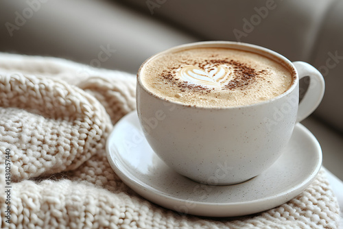 Cozy Coffee Moment with Latte Art in a Warm Knit Setting