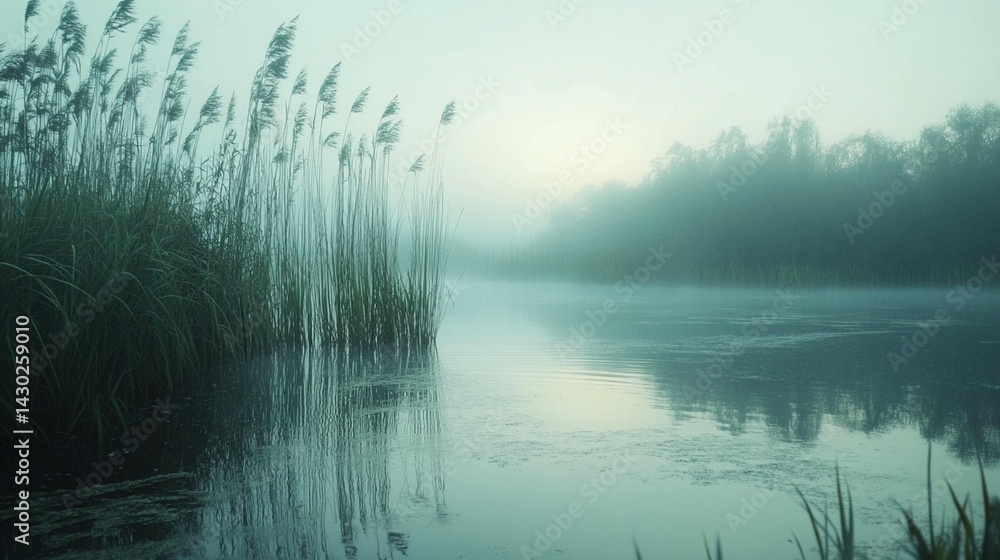 Misty River, Reeds, Calm Water