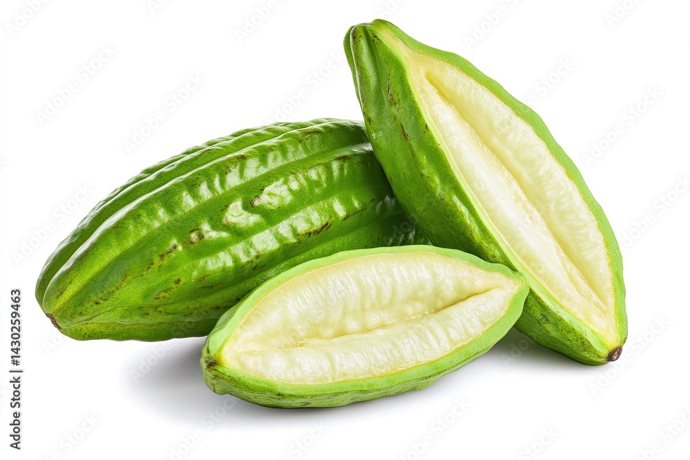 Freshly cut cacao pods, revealing creamy interior Freshly cut cacao pods, revealing creamy interior