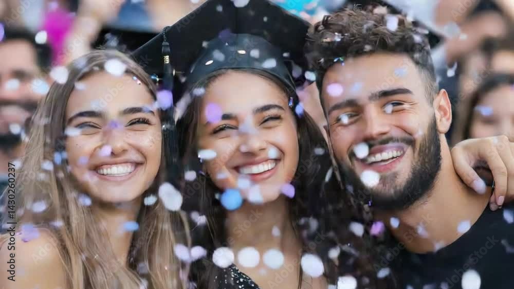 Graduation joy: A radiant trio of students, adorned in graduation regalia, beams with pure joy as confetti rains down around them. Graduation joy: A radiant trio of students, adorned in graduation regalia, beams with pure joy as confetti rains down around them.
