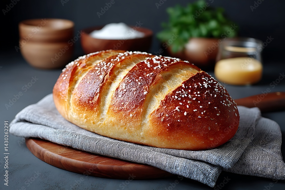 Artisan Crusty Bread with Rustic Kitchen Setting. Artisan Crusty Bread with Rustic Kitchen Setting.